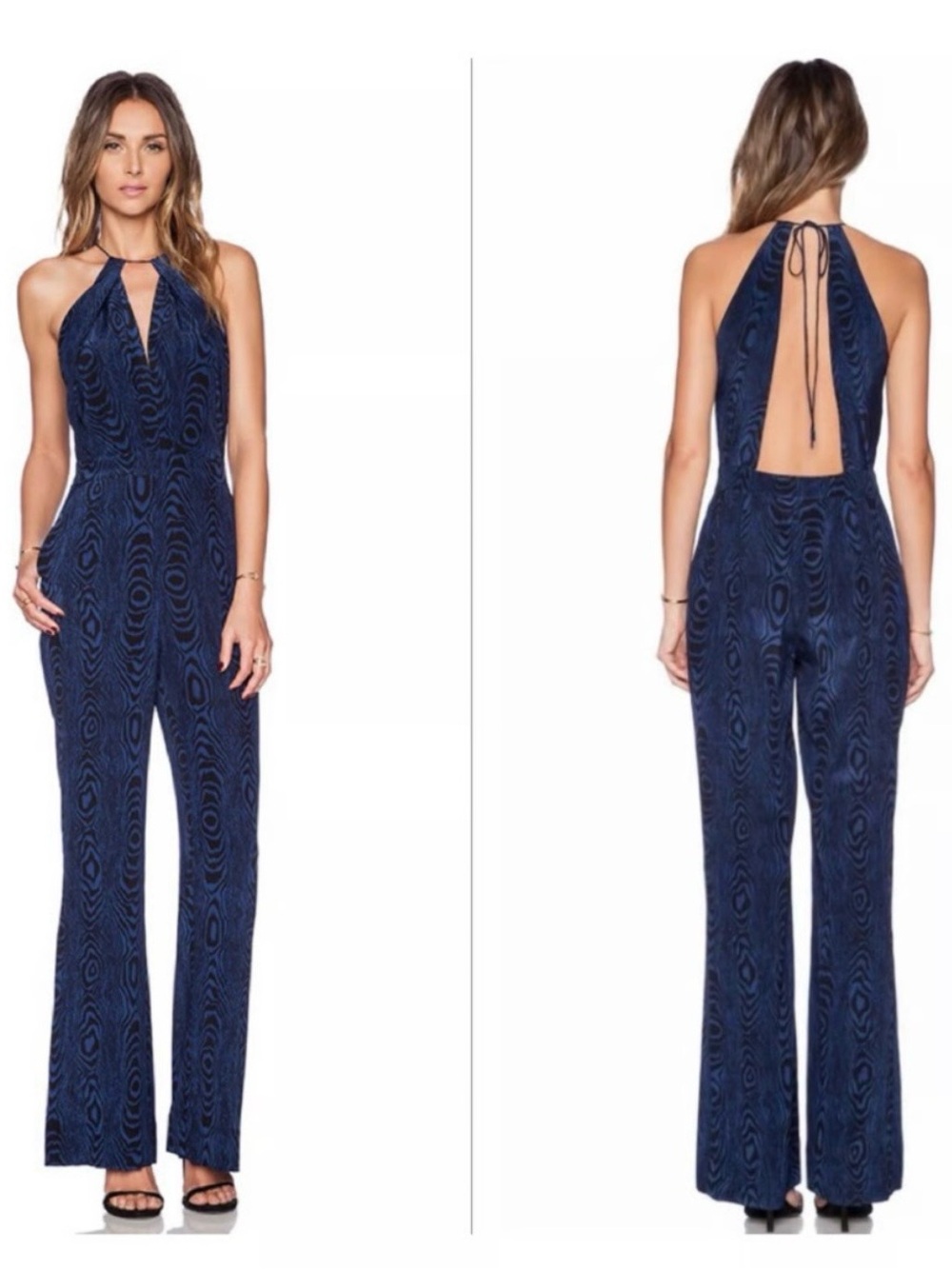 Diane Von Furstenberg Navy Textured Halter Jumpsuit with Open Back